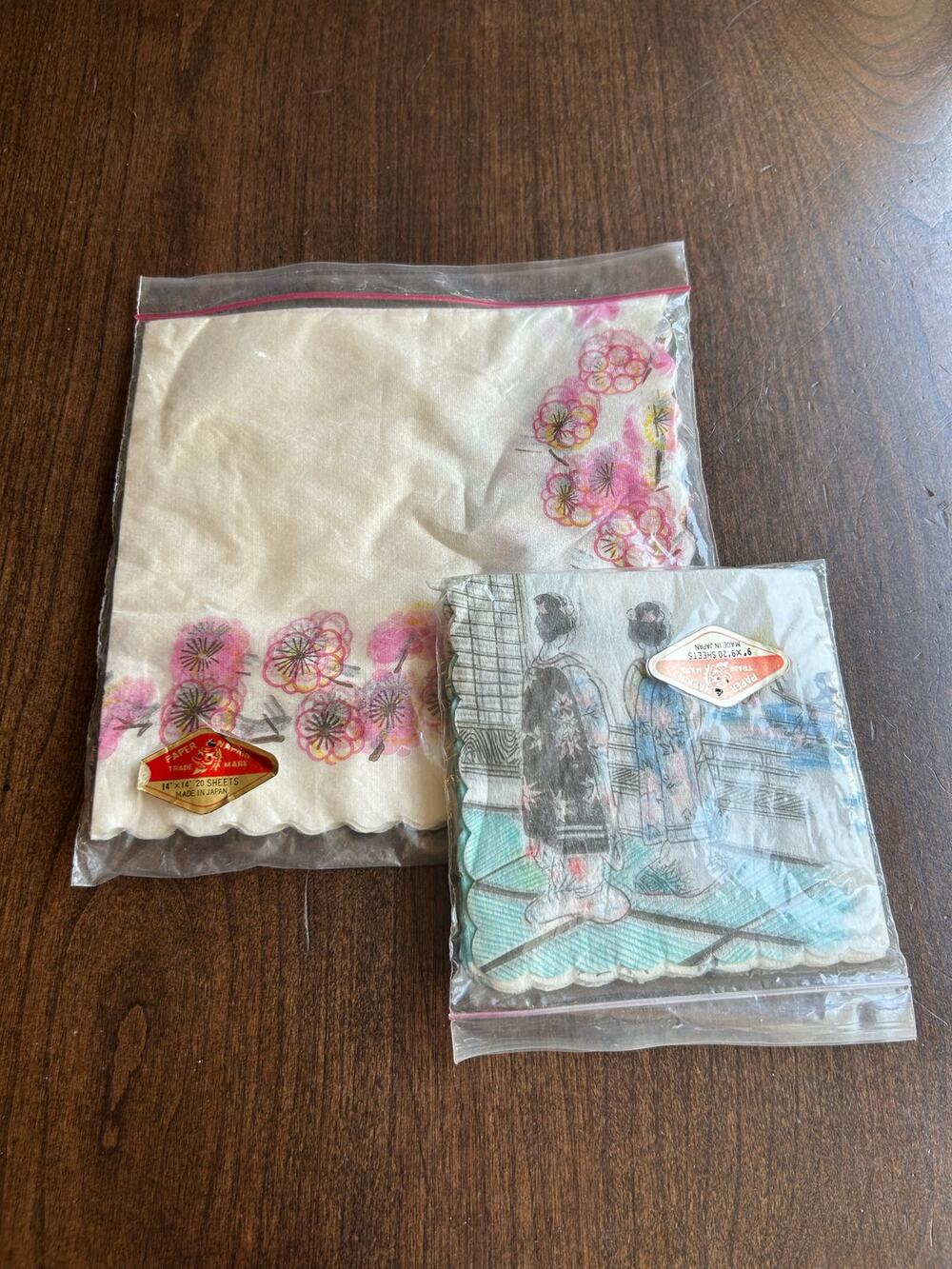 2 sets Vintage paper napkins made in Japan floral & geisha design